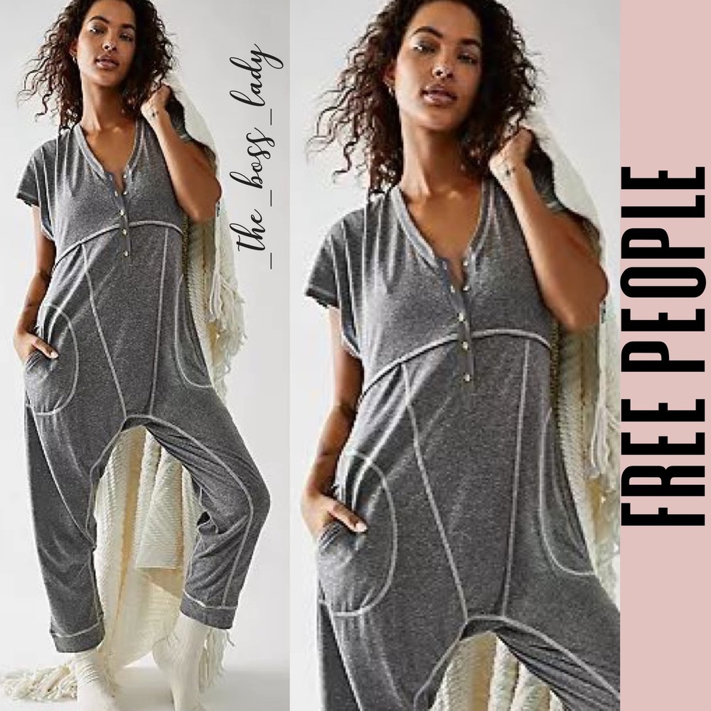Free People jumpsuit Large one-piece henley romper harem legs